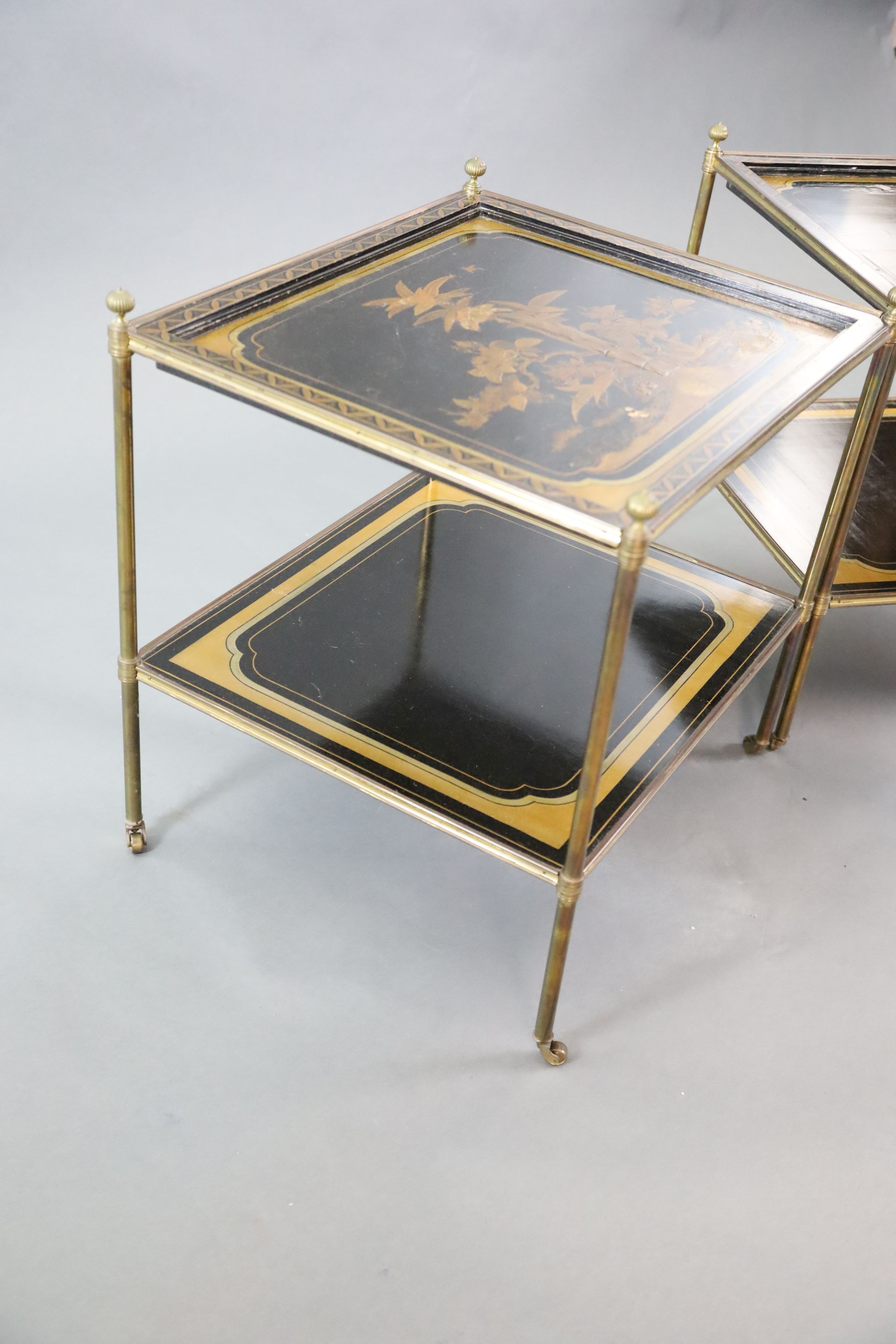 A pair of French brass and chinoiserie black lacquered two tier occasional tables, W.1ft 10in. D.1ft 7in. H.1ft 11in.